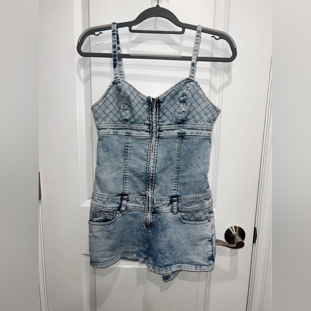 Guess Light Blue Quilted Denim Romper